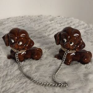 Two Vtg. Redware Terracotta Puppy Figurines w/ Chain Leash.